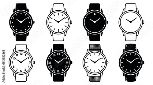 Eight classic analog wristwatch icons presented as a collection of minimalist black and white vector illustrations with various dial designs and straps