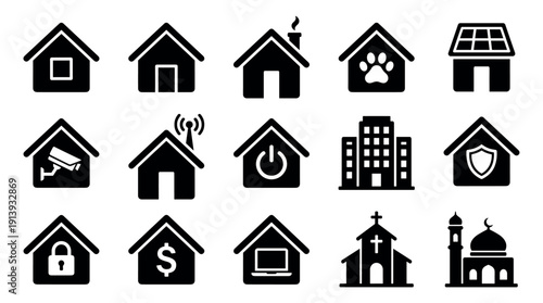 Set of black building and house icons representing real estate, security, smart home technology, pet friendly living, and places of worship in a flat graphic design style