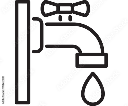 Water tap icon with dripping droplet, minimalist line symbol for plumbing, clean water supply, sanitation, conservation, leak alert, faucet graphic on white
