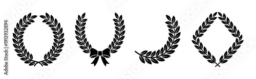 Collection of black laurel wreath icons in various shapes, including circular, U-shaped with a bow, a single branch, and a diamond frame for awards and achievements