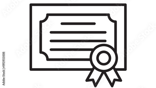 Certificate icon with award ribbon seal in simple black outline, accreditation and achievement symbol for education, training, compliance, quality assurance