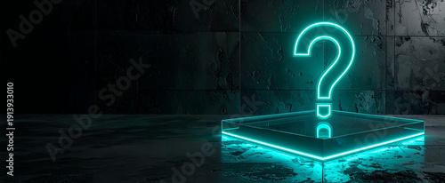 Cyan neon question mark symbol on glass pedestal. Dark stone wall background. Reflective floor surface. Glowing icon for help search support and artificial intelligence query concept. Studio light.