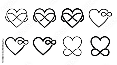 Set of black heart and infinity symbol icons representing eternal love, endless relationships, and polyamory in a minimalist graphic line art style collection
