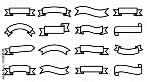 Collection of black outline ribbon banners in various shapes and styles for titles and text, presented as a simple graphic design element set in a clean, minimalist line art illustration