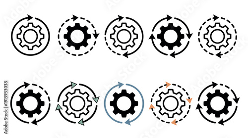 Collection of gear and arrow icons representing workflow, automation, and continuous process improvement, featuring various line art, solid, and dashed styles for business operations