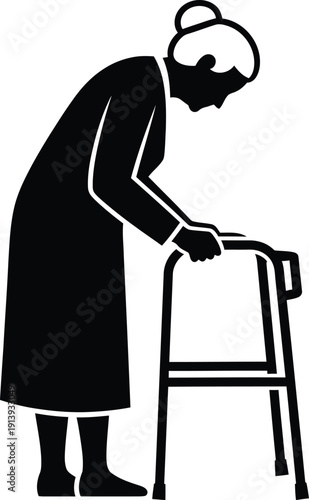 A black and white silhouette of an elderly woman using a walker for mobility and support.