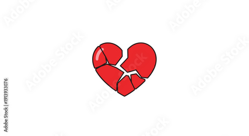 A cartoon-style red heart is broken into several distinct pieces, illustrating heartbreak on a white background.