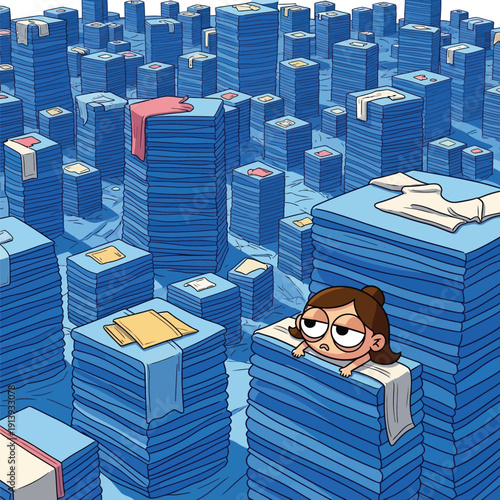 Laundry City: Overwhelmed cartoon girl facing huge stacks of folded towels and clothes, symbolizing endless household chores.