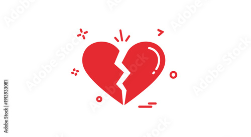 A minimalist red heart icon with a clear break down the middle is shown on a white background.