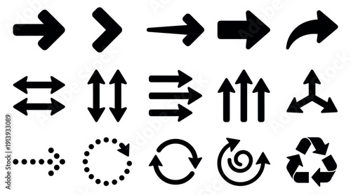 Diverse collection of black arrow symbols and graphic elements, featuring multiple styles for indicating direction, navigation, recycling, and various cyclical processes