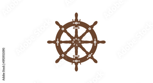 A stylized brown wooden ship's wheel with prominent spokes and texture is isolated on a white background.