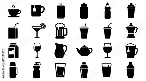 Collection of black silhouette drink icons representing various beverages like coffee, tea, beer, wine, and cocktails in different containers, cups, glasses, and bottles