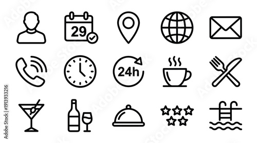 Collection of black line icons representing hotel services and travel booking, featuring symbols for location, calendar, contact, food, and amenities like a swimming pool