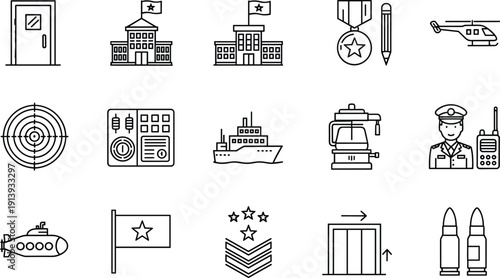 PrintMilitary and Defense Outline Icon Set with Army, Navy, Aviation, Medals, Submarine, Helicopter, and Weapon Symbols for Security and War Concepts