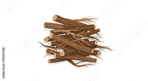 Cluttered pile of dark brown wooden logs and gnarled roots against a clean white background.