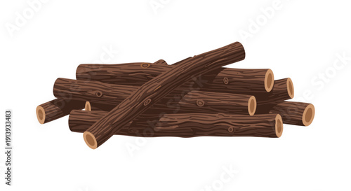 Pile of cut smooth dark brown wooden logs stacked horizontally against a clean white background.