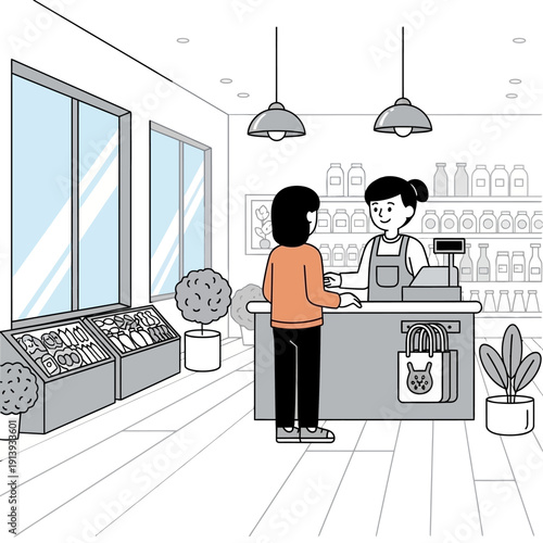 Woman buying coffee at cafe counter.