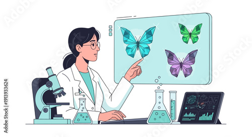 Woman in lab coat examining butterflies.