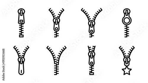 Collection of black line art zipper icons showing various fastener designs and pull tabs for clothing and accessories, presented as a minimalist graphic design element set