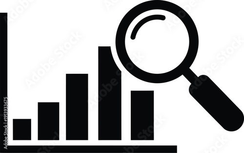 Bar chart icon with a magnifying glass representing data analysis and research process