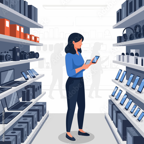 Woman shopping for electronic devices.