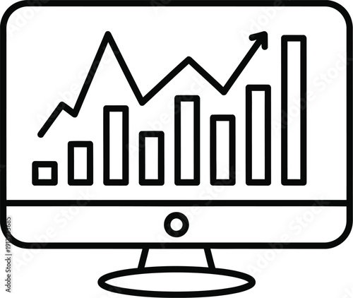 Simple line art icon of a computer monitor displaying a bar chart and an upward trending line graph.