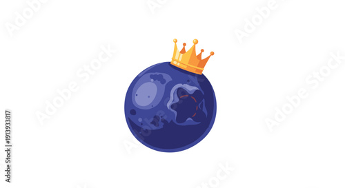Single blueberry wearing a small golden crown on a solid white background.