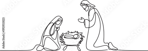 A Christmas nativity scene with Mary, Joseph, and baby Jesus.one line vector illustration with white background