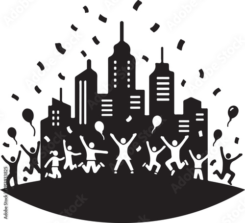 Joyful urban celebration: a crowd of people jumping with happiness in front of a city skyline