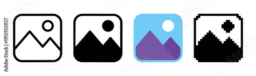Set of four image placeholder icons showing different design styles including line art, solid glyph, flat color, and pixel art for user interface design