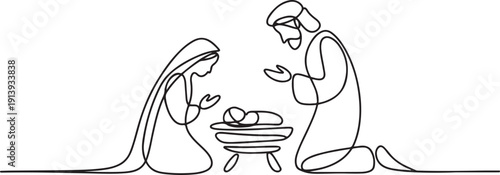 A Christmas nativity scene with Mary, Joseph, and baby Jesus.one line vector illustration with white background
