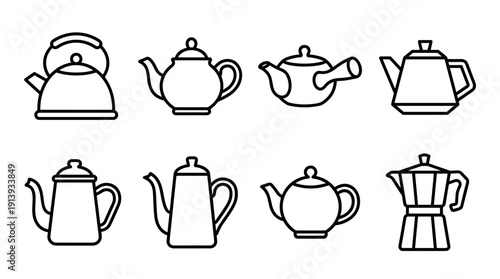 Set of eight black outline icons showing different teapots, kettles, and coffee pots in a simple, minimalist vector illustration style for graphic design elements