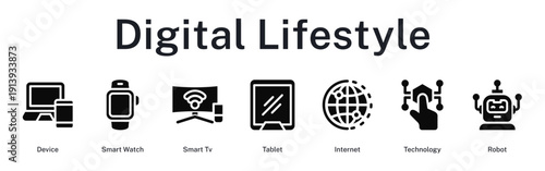 Digital lifestyle embracing modern devices, wearables, smart entertainment, connectivity, and emerging robotics technology.