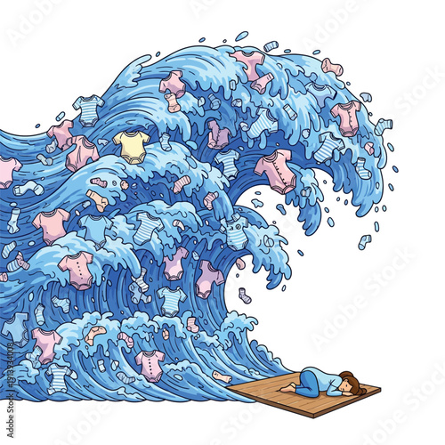 The Great Wave of Baby Laundry: Exhausted Mother Overwhelmed by Chores. Parental Stress and Newborn Responsibility Metaphor.
