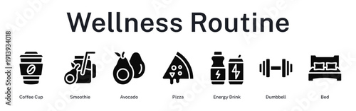 Wellness routine balancing morning coffee, nutritious smoothies, healthy foods, occasional treats, workout, and quality rest.