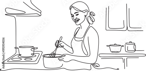 continuous line drawing of woman cooking happily.one line drawing portrait of mother cooking in the kitchen.one line vector illustration with white background