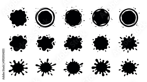 Collection of black ink blot shapes and paint splatters in various forms, including drips, drops, and circular frames, creating a dynamic graphic design element set