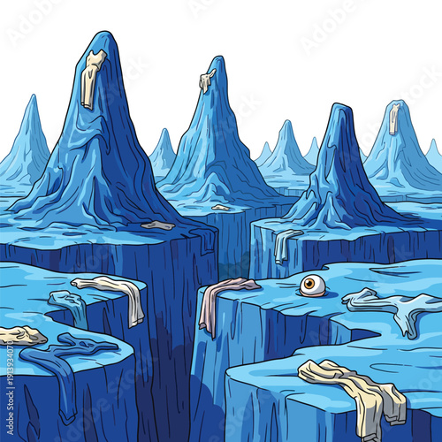 Cartoon Surreal Ice Canyon Landscape: Abandoned Clothing, Eyeball, and Jagged Blue Glacial Spires
