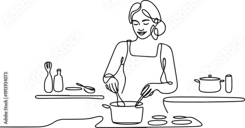 continuous line drawing of woman cooking happily.one line drawing portrait of mother cooking in the kitchen.one line vector illustration with white background