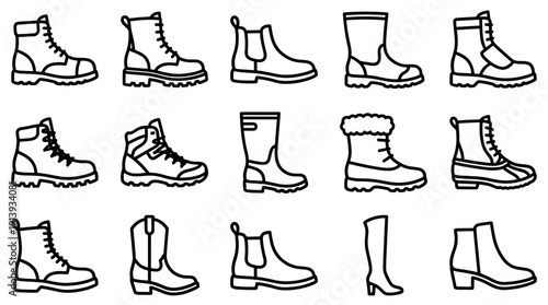 Collection of various boot icons in a simple line art style, showcasing different types of footwear like hiking, combat, winter, and fashion for men and women