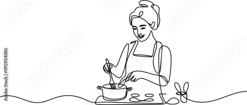 continuous line drawing of woman cooking happily.one line drawing portrait of mother cooking in the kitchen.one line vector illustration with white background