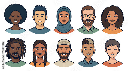 Diverse collection of illustrated people portraits showing multicultural men and women with different hairstyles and happy expressions in a modern cartoon style