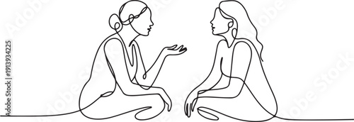 continuous line hearing a friend's outpouring. one line drawing of two women sitting and talking about life's problems.one line vector illustration with white background