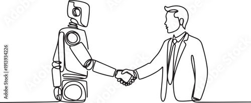 continuous line of AI robot shaking hands with business man.one line vector illustration with white background