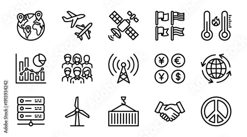 Set of black line art icons representing global business, technology, communication, and environmental concepts like trade, finance, data, and renewable energy in a clean minimalist style