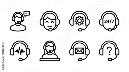 Set of eight black line icons for customer service and support, featuring headsets with microphones, operators, and symbols like a gear, question mark, and 24/7 sign