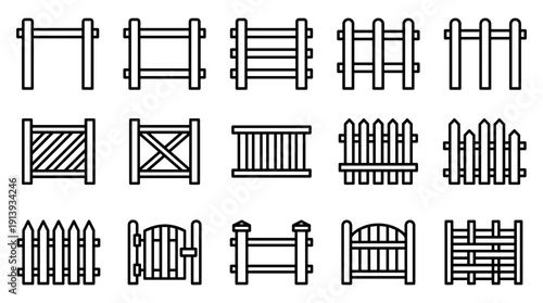 Collection of various fence and gate icons in a simple black line art style, showcasing different designs for gardens, farms, and property boundaries in a graphic set