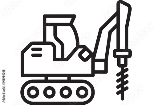 Excavator drilling rig line icon showing tracked construction machine with auger bit for foundation piling, excavation and heavy industry projects on white background
