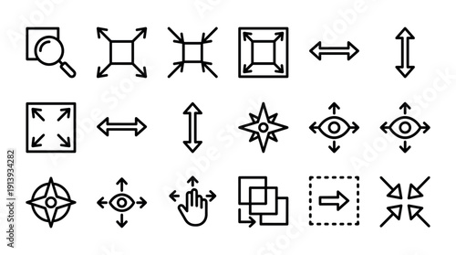 Collection of black line art icons for user interface design, featuring symbols for expand, contract, zoom, move, and view for web and mobile applications