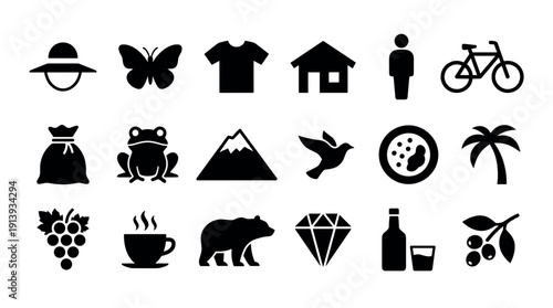Large set of black silhouette icons representing various objects, animals, food, and concepts like a house, bicycle, bear, diamond, and palm tree in a simple minimalist graphic style